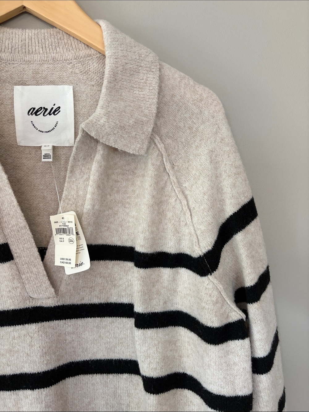 Aerie Striped Preppy Oversized Polo Rugby Sweater Small NWT Oatmeal Black - Picture 4 of 5
